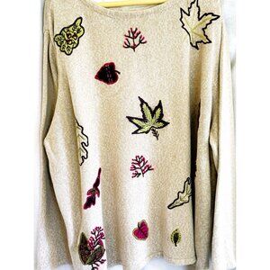 Liz & Me, Claibourne, 90's Vintage Beige Pullover Embroidered Winter leaves,